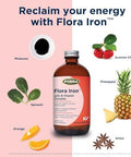 Flora Iron Vegan Liquid Iron Supplement With B Vitamins Red Blood Cell & Energy Support Yeast & Gluten Delicious Fruit Juice Base 15 Fl. Oz. Glass Bottle