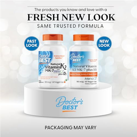 Doctor'S Best Natural Vitamin K2 Mk-7 Plus D3 - Vit D3 And K2 Mk7 Supplement For Men & Women Supports Tissue Artery & Bone Health Non-Gmo Gluten Free Soy Free Vegetarian 60 Veg Caps