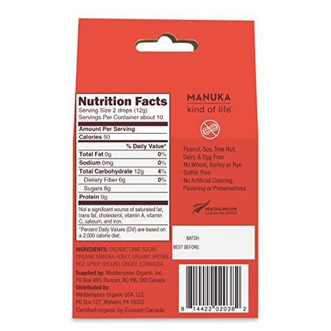Wedderspoon Raw Premium Manuka Honey KFactor 16+, 17.6 Ounce & Organic Manuka Honey Drops, Ginger + Echinacea, Unpasteurized, Genuine New Zealand Honey, Perfect Remedy For Dry Throats, 4.0 Ounce