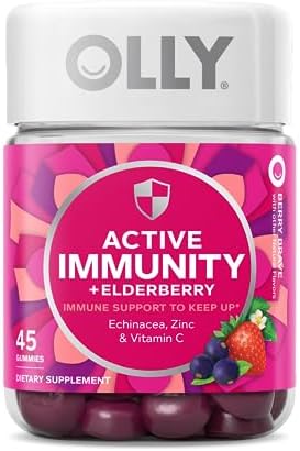Olly Kids Immunity Gummy Immune Support Wellmune Elderberry Vitamin C Zinc Chewable Supplement Cherry 50 Count and Gummy Active Immunity+Elderberry 45 Gummies (1 Pack) Berry Flavor