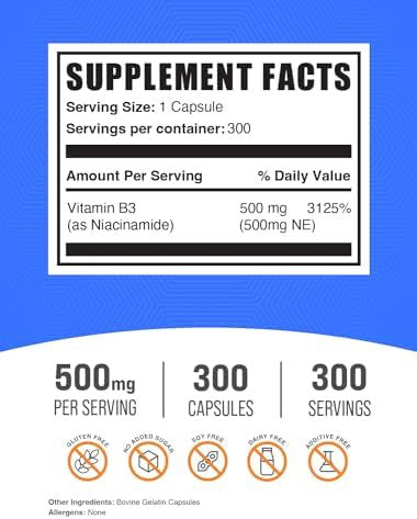 Bulksupplements.Com Niacinamide Capsules - Niacinamide Supplement, Vitamin B3 Supplement, Niacinamide 500Mg - Gluten Free, 1 Capsule Per Serving, 300 Capsules (Pack Of 1)