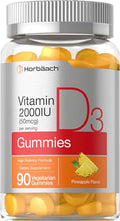 Horbaach Vitamin D3 2000iu Gummies 90 Count Vegetarian Pineapple Flavor 50 mcg NonGMO Gluten Free Vitamin D Supplement
