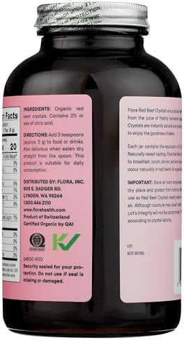 Flora Organic Red Beet Crystals Energizing Superfood Supplement For Nitric Oxide Support Vegan Gluten Nongmo & Organic 7 Oz. Powder