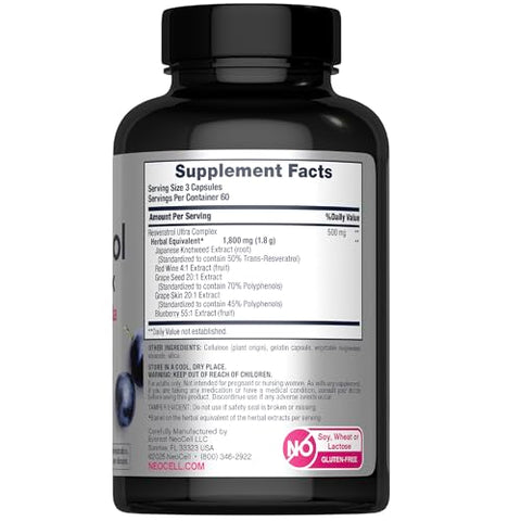 Neocell Resveratrol Supplement 180 Capsules Trans Resveratrol Complex Extra Strength With Grape And Red Wine Extract