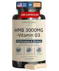 VINATURA HMB 3000mg and Vitamin D3 Supplement Muscle Defense with HMB (BetaHydroxy BetaMethylbutyrate) Vitamin D3 (1600 IU) Labs Tested and NSF Certified for Sport 120 Capsules