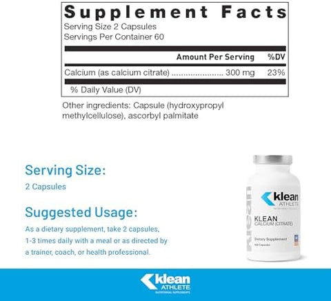 Klean ATHLETE Klean Calcium Citrate for Bone Health and Density Bone Support for Sports* Gluten Free Vegan and NonGMO 120 Capsules