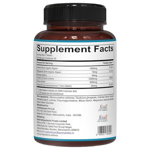 Pure Nutrition Cal D - Plant Based Calcium With Vit D3 K2 & Magnesium 120 Tabs 500Mg Vegan Calcium Per Serving Algae Calcium Supplement For Bone Health