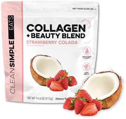 Clean Simple Eats Collagen Powder + Beauty Blend Strawberry Colada Hydrolyzed Collagen Peptides From Grass Fed Bovine & Chicken Hyaluronic Acid For Hair Skin Nail & Joint Support 30 Servings