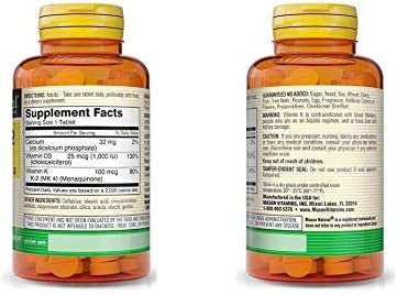 Vitamin K2 100 mcg Plus D3 1000 IU, 100 Tablets, Mason Natural