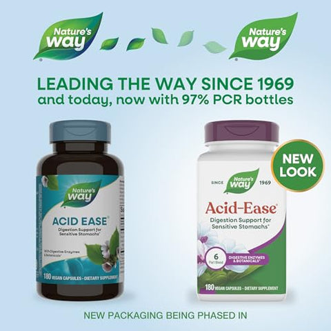 Nature'S Way Acid Ease Digestive Support Supplement For Sensitive Stomachs Marshmallow Root Extract Slippery Elm Bark Digestive Enzymes 180 Vegan Capsules (Packaging May Vary)
