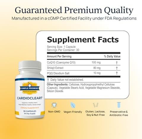 Simple Promise Cardioclear7 - Coenzyme Q10 (Coq10) 100Mg And Pqq 10Mg Heart Health Supplement With Shilajit - Supports Circulation Cellular Energy & Cardiovascular Health - 30 Capsules