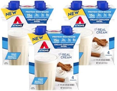 Atkins Creamy Vanilla & Cinnamon Swirl Protein Shakes 15G Protein Low Glycemic 2G Net Carb 1G Sugar Keto Friendly 12 Count