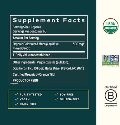 Gaia Herbs Maca Root Caffeine Natural Energy Supplement 60 Vegan Capsules (30Day Supply)