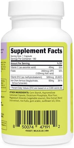 Wellah Iron Supplement For Women (65Mg) 180 Capsules With Vitamin C Vitamin B12 and Folate