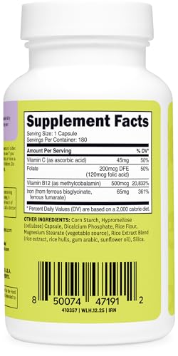Wellah Iron Supplement For Women (65Mg) 180 Capsules - With Vitamin C Vitamin B12 & Folate