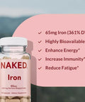 Naked Iron 65mg 325mg Ferrous Bisglycinate High Potency Iron Supplement for Iron Deficiency Cellular Energy Support Promotes Healthy Red Blood Cell Production NonGMO GlutenFree 60 Capsules