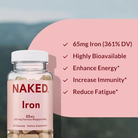 Naked Iron 65mg 325mg Ferrous Bisglycinate High Potency Iron Supplement for Iron Deficiency Cellular Energy Support Promotes Healthy Red Blood Cell Production NonGMO GlutenFree 60 Capsules