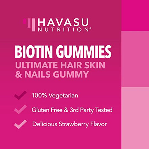 Havasu Nutrition 5000Mcg Biotin Gummies For Hair Skin And Nails - Vegan Supplement For Women And Men - Glp-1 Nutritional Support To Promote Lucious Locks And Radiant Skin - Vitamin B7 - Strawberry Flavor 90 Count