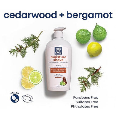 Kiss My Face Cedarwood + Bergamot Moisture Shave 4 In 1 Shaving Cream Cruelty And Vegan With Added Olive Oil And Aloe Leaf Extract Vitamin E Rich