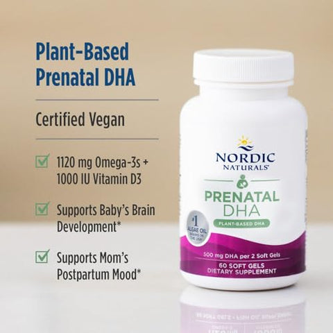 Nordic Naturals Vegan Prenatal Dha Unflavored - 60 Soft Gels - 500 Mg Plant-Based Dha - Supports Brain Development In Babies & Healthy Pregnancy - Non-Gmo 30 Servings