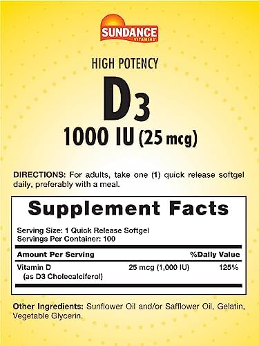 Sundance Vitamin D3 1000Iu 100 Softgels High Potency Formula Nongmo And Gluten Supplement