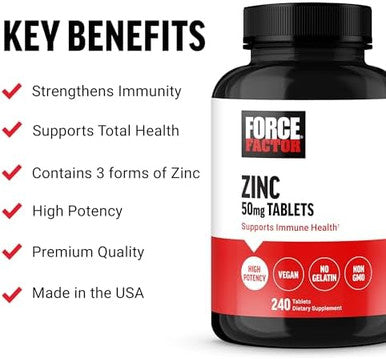 Force Factor Zinc 50Mg, Zinc Supplements With Zinc Oxide Powder, Zinc Gluconate, And Zinc Citrate For Immune Support And Immune Health, High-Potency, Vegan, Gelatin Free, Non-Gmo, 240 Tablets