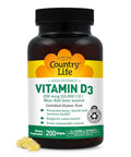 Country Life Vitamin D3 10000 IU High Potency NonFish Source Bone and Immune Support Certified GlutenFree 200 Softgels
