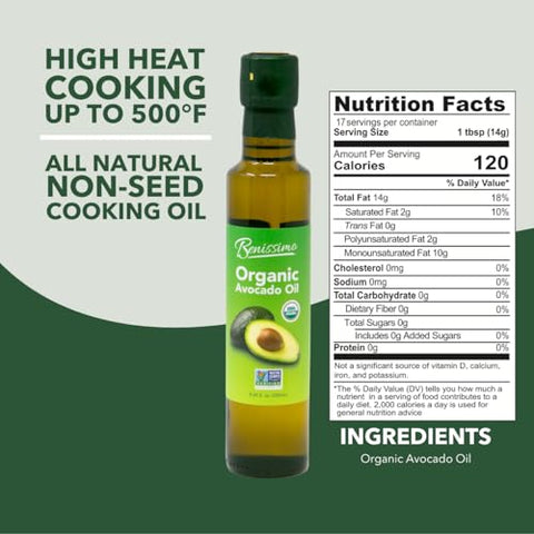 Benissimo 100% Pure Organic Avocado Oil Ã¢â‚¬â€œ Cold-Pressed, Non-GMO, Allergen-Free Cooking Oil, 8.45 Fl Oz - Perfect for SautÃƒÂ©ing, Frying, Baking & Salads