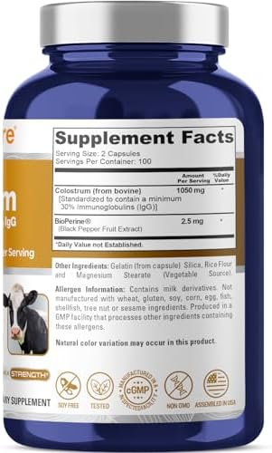 NusaPure Colostrum 1050mg 30% IgG 200 capsules (NonGMO Soyfree) Bioperine
