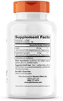 Doctor'S Best Lutein 20 Mg Supports Eye Health & Performance Nongmo Gluten 180 Softgels