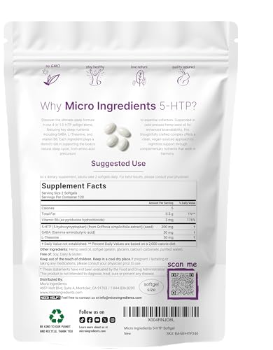 Micro Ingredients 5-Htp 200Mg 240 Softgels Extra Strength 5-Hydroxytryptophan Complex With Gaba L-Theanine Vitamin B6 Highly Bioavailable With Hemp Seed Oil Carrier Non-Gmo