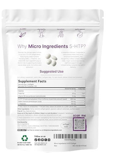 Micro Ingredients 5-Htp 200Mg 240 Softgels Extra Strength 5-Hydroxytryptophan Complex With Gaba L-Theanine Vitamin B6 Highly Bioavailable With Hemp Seed Oil Carrier Non-Gmo