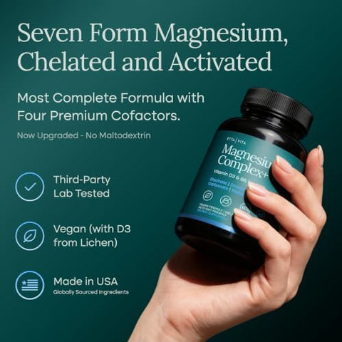 Magnesium Complex for Women and Men 500mg (7in1) Magnesium Glycinate with D3 and B6 Glycinate Citrate Malate Taurate and Orotate Daily Wellness Support 60ct [OxideFree]