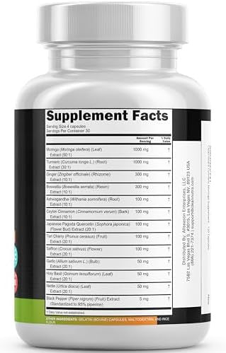 Turmeric Moringa Supplement Ginger Boswellia Saffron - Supplement For Women And Men With Ceylon Cinnamon, Tart Cherry, Quercetin Garlic Nettle Holy Basil - 1Pack