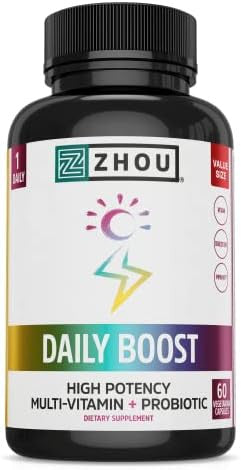 Zhou Nutrition Daily Boost Multivitamin With Probiotic, Zinc, Vitamin C, D3, B Complex For Immune Support, Energy And Digestive Health Vegan, Gluten Free, Soy 60 Servings