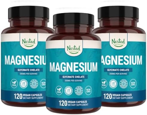 Nested Naturals Magnesium Glycinate Chelate 200Mg Chelated Magnesium Supplement For Muscle Cramps Relaxation & Sleep Support 100% Albion Traccs Buffered Magnesium Glycinate 120 Vegan Capsules
