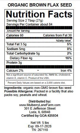 Brown Flax Seed 5 Pounds (Flaxseed) Whole, Raw, USDA Certified Organic, Non-GMO, Product of USA, Mulberry Lane Farms