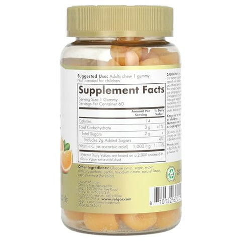 Solgar Vitamin C Gummies For Adults 1000Mg Ultra Potency Vitamin C Immune System Support For Women & Men - Tasty Tart Orange Flavor Vegan & Gluten-Free Gummy 2 Month Supply 60 Servings 2G Sugar