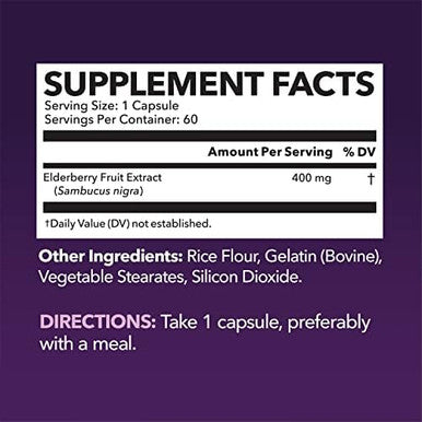 Sambucus Black Elderberry Capsules Immune Support Supplement For Adults 400Mg Of Extract Per Serving For Overall Wellness Vegetarianfriendly Nongmo Unflavored 60 Count 2 Month Supply