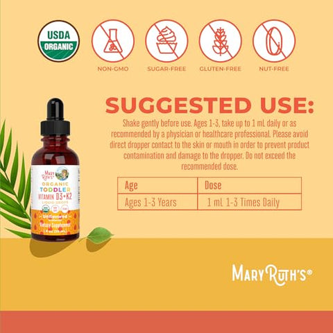 Maryruth'S Organics Vitamin D3 Vitamin K2 Vitamin D3 K2 Drops K2 D3 Vitamin Liquid Supplement For Toddlers Kids Supplement For Calcium Absorption Strong Bones Vegan Gluten Free 1 Fl Oz
