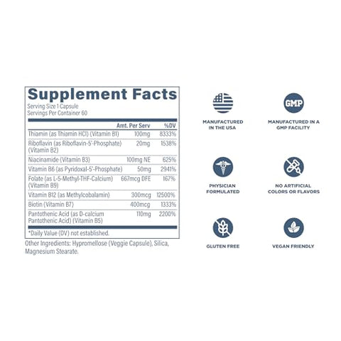 Revive MD Vitamin B Complex Capsules Supports Heart Health and Immune System BComplex Vitamin Supplement for Women and Men Vitamin B12 Complex Promotes Healthy Brain Function and Boosts Energy