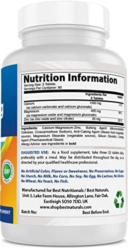#1 Cal Mag Zinc By Best Naturals Essential Mineral Complex Manufactured In A Usa Based Gmp Facility And Third Party Tested For Purity. D 180 Tablets