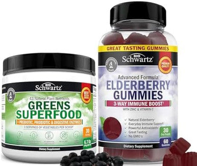 Bioschwartz Super Greens Powder With Probiotics Prebiotics And Digestive Enzymes (30 Servings) Plus Elderberry Gummies With Zinc And Vitamin C For Adults Immune Support (1 Month Supply)