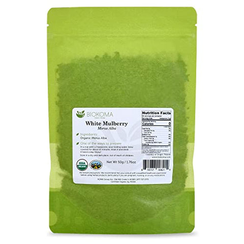 Biokoma Organic White Mulberry Leaf Tea Loose Dried Leaves 1.76oz - Morus Alba Herbal Tea - USDA Organic - Resealable Moisture Proof Pouch - No Additives - No Preservatives - Non GMO - Kosher