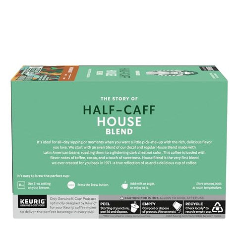 Starbucks K-Cup Coffee Pods, Medium Roast Hot or Iced Coffee, Half-Caff House Blend, 60 Keurig Pods