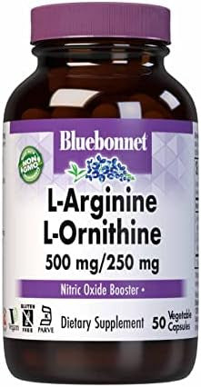 Bluebonnet Nutrition Larginine 500Mg/Lorinithine 250Mg Supports Protein Metabolism Soy Gluten Nongmo Kosher Vegan 50 Vegetable Capsules 50 Servings