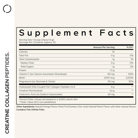 Codeage Creatine Collagen Peptides - Creatine Monohydrate Powder Supplement Wild-Caught Marine Collagen Biotin Magnesium Vitamin C Hyaluronic Acid - Mango Flavored - Non-Gmo 15 Oz