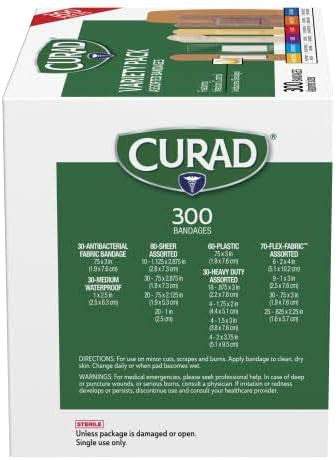 Curad Assorted Bandages Variety Pack 300 Pieces Including Antibacterial Heavy Duty Fabric and Waterproof Bandages