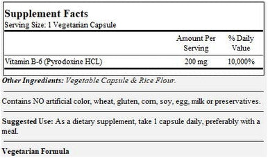 Vitamin B-6 200mg (240 Vegetarian Capsules) (2-Pack) - No Stearates - No Flow Agents