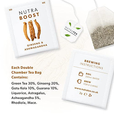 Nutra Tea NUTRABOOST - Energy Tea | Focus Tea Includes Astragalus Ashwagandha & Gotu Kola - Naturally Caffeine- and Sugar- - 20 Enveloped Tea Bags - by - Herbal Tea